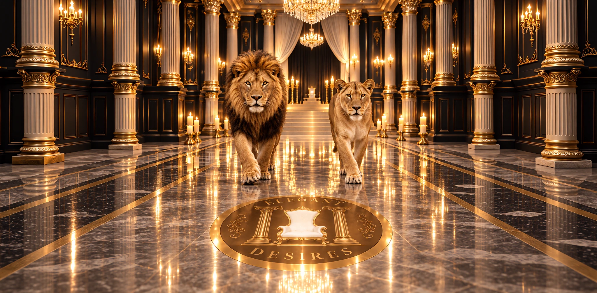 A lion and lioness in a candlelit gold and black palace, with the Elegant Desires emblem in the marble floor
