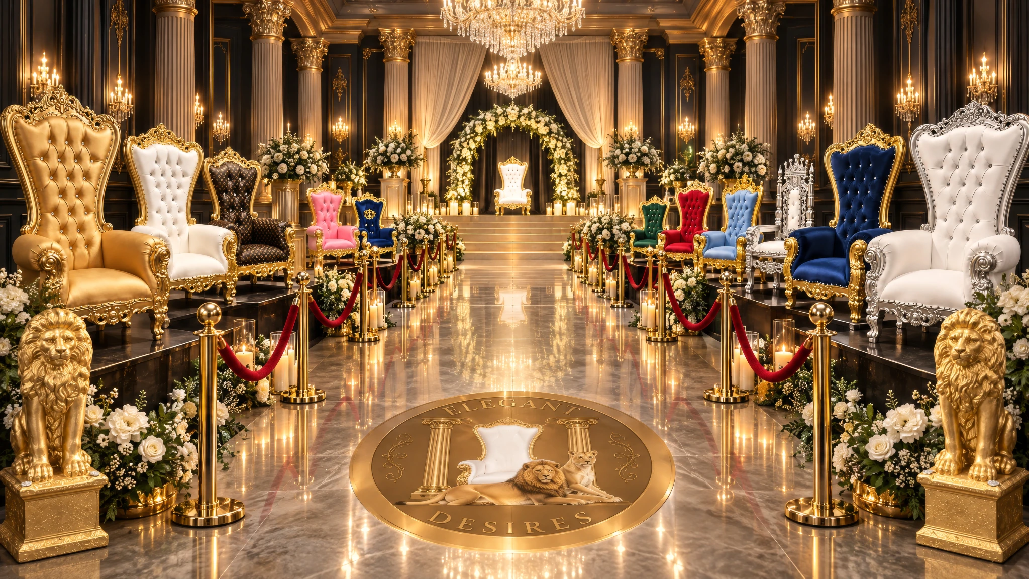 A gold-lit royal ballroom with throne chairs lining a marble aisle